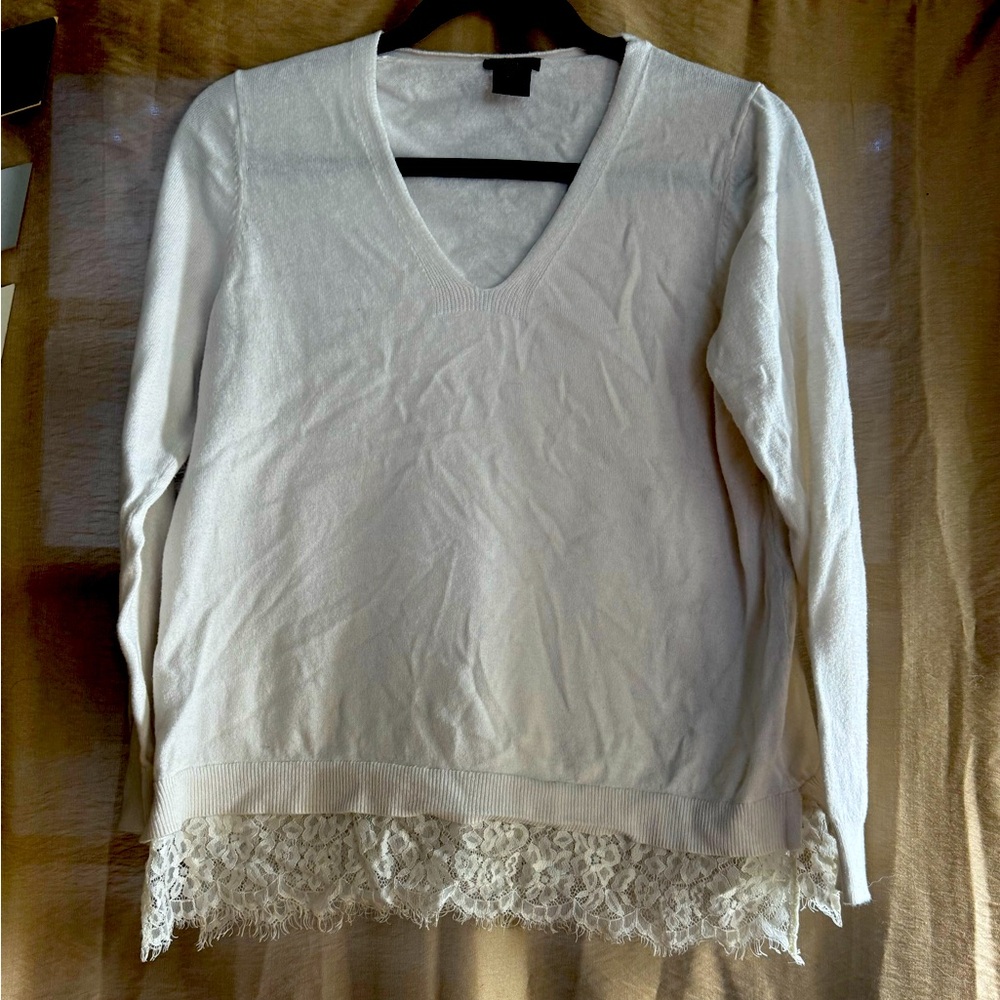 Ann Taylor Factory White V-Neck Sweater with Lace Hem Petite LP